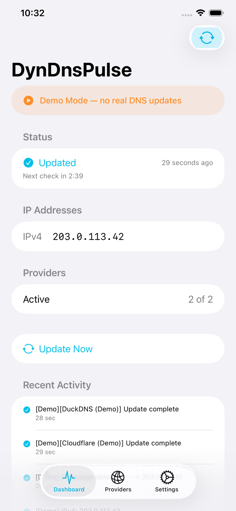The DynDnsPulse dashboard on iPhone, showing a demo mode notice, an updated status, the current IPv4 address and recent activity entries.