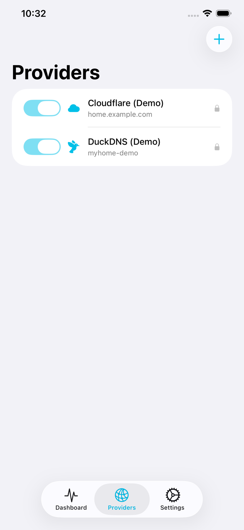 The providers list on iPhone, with two configured providers and a toggle for each.