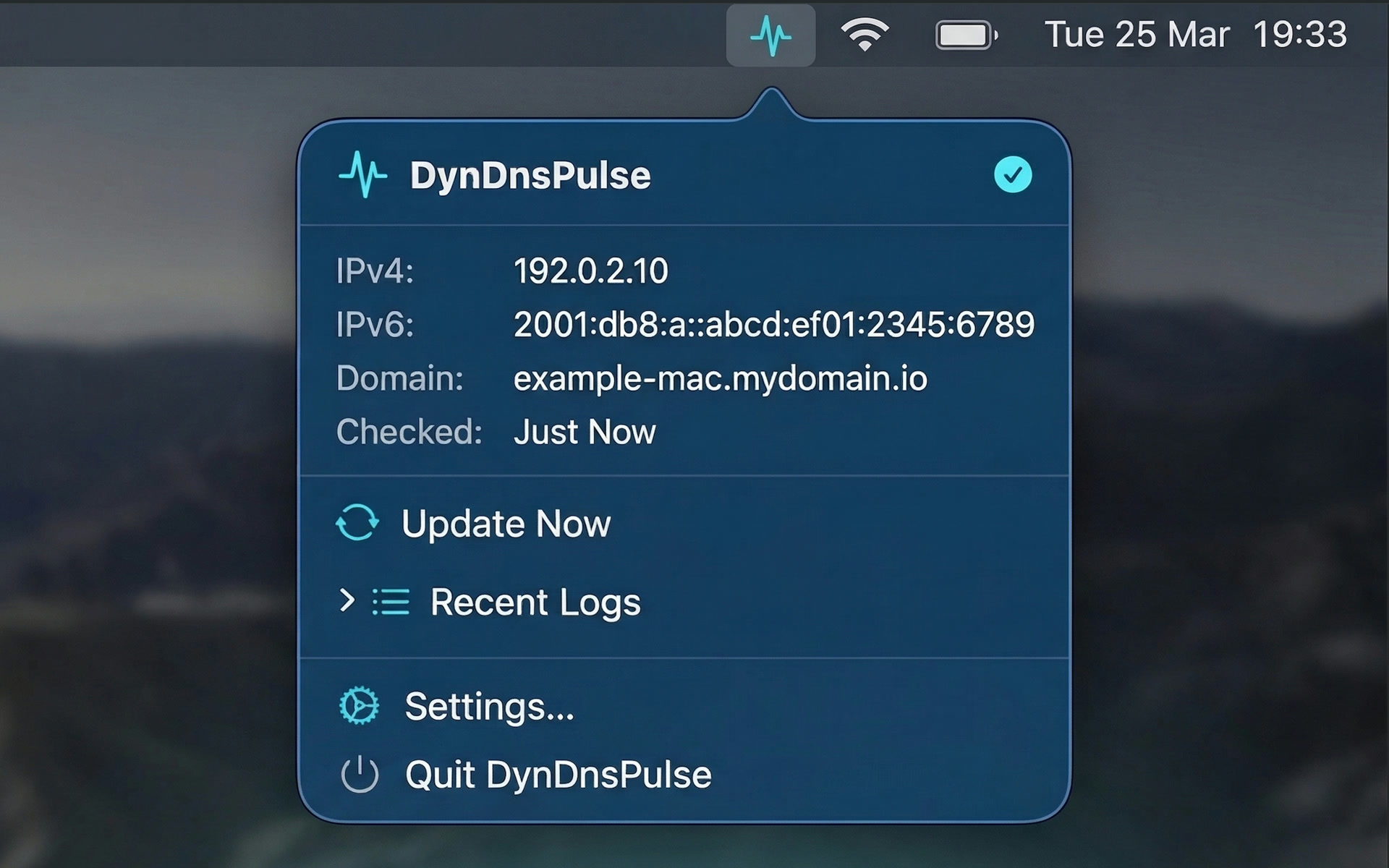The DynDnsPulse menu bar popover on macOS, listing the current IPv4 and IPv6 addresses, the domain, when it last checked, and buttons for Update Now, Recent Logs and Settings.